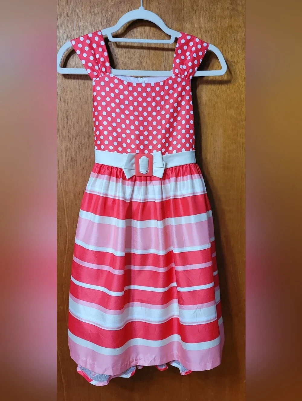 Bonnie Jean Girls Dress Size 16 Rose Red Pink Cream Stripe Polka Dot (0964)